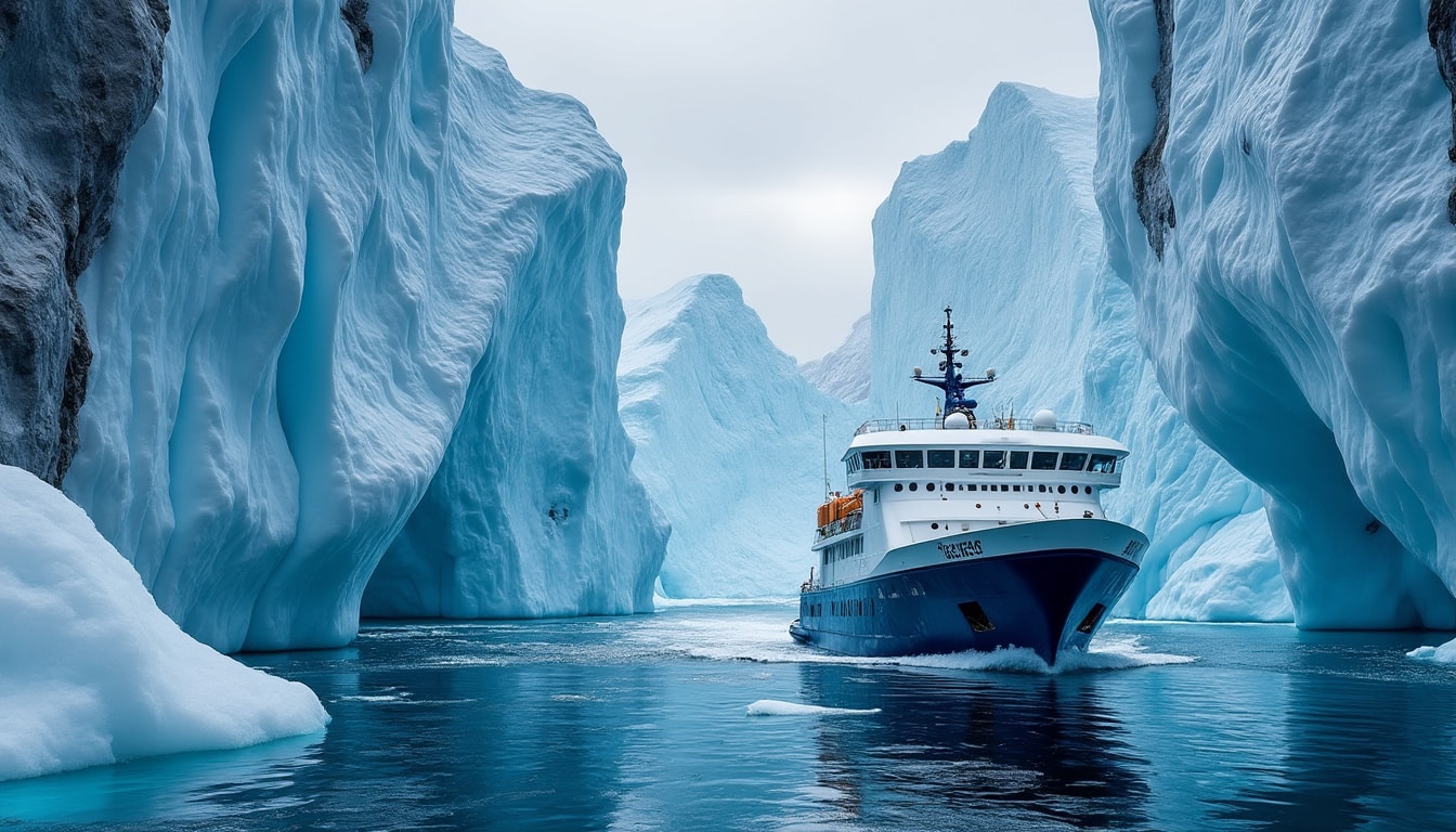 découvrez une expédition arctique intense où la navigation entre les majestueux icebergs géants dévoile la beauté et les défis de ce paysage polaire unique.