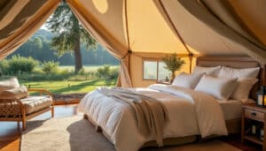 découvrez le confort exceptionnel d'un lit king-size sous une tente, pour une expérience de glamping de luxe alliant nature et élégance.