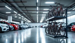 améliorez l'utilisation des parkings souterrains grâce à un râtelier vélo à deux niveaux, permettant d'optimiser l'espace tout en sécurisant les vélos.