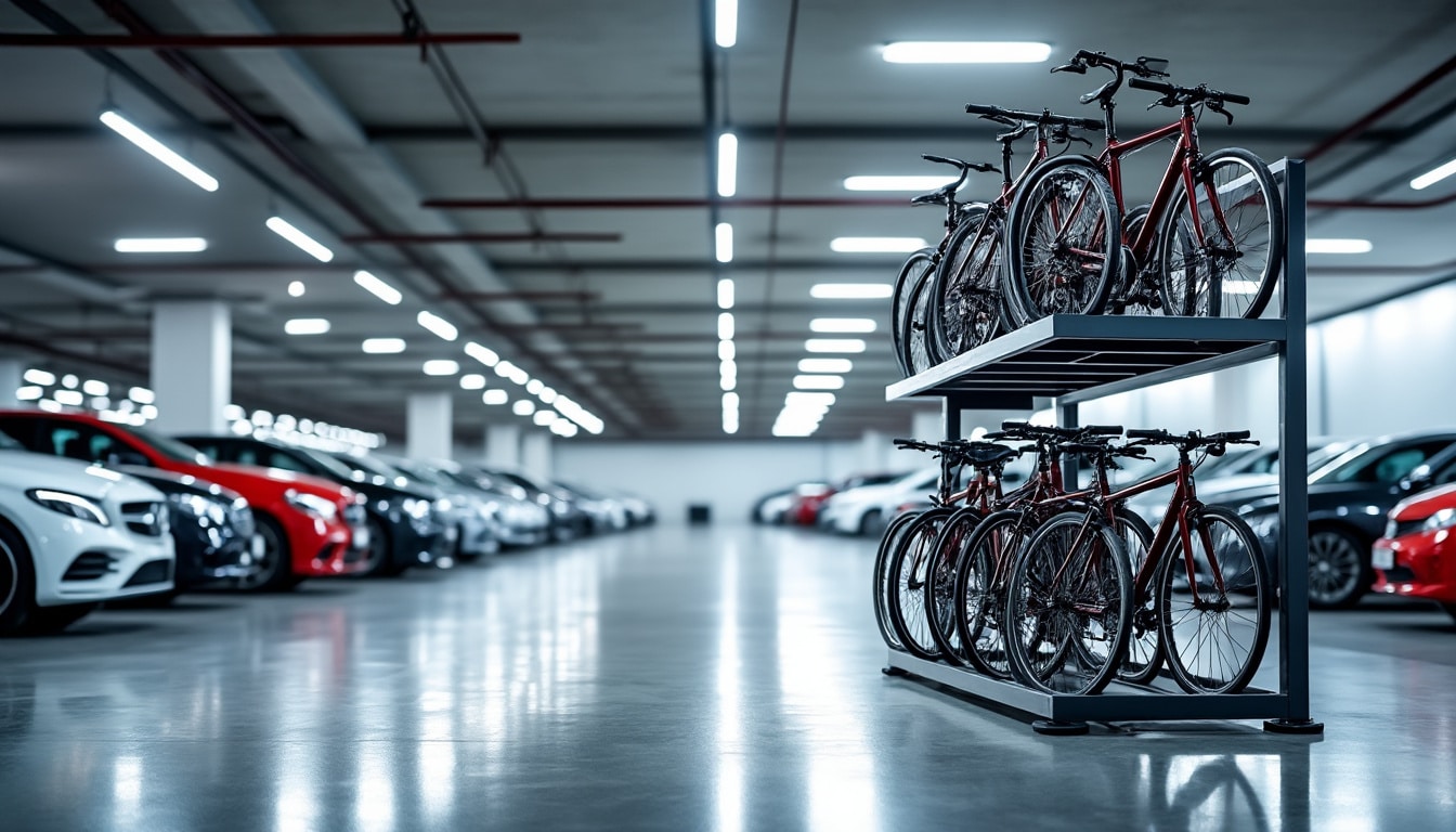 améliorez l'utilisation des parkings souterrains grâce à un râtelier vélo à deux niveaux, permettant d'optimiser l'espace tout en sécurisant les vélos.